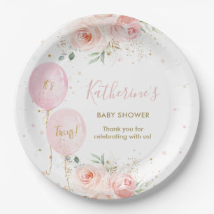 Chic Pink Balloons Floral Twins Baby Dusche Pappteller