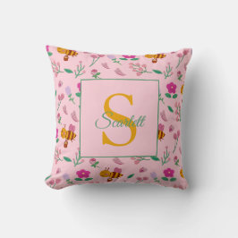 Chic Pink Bee and Floral Design Name & Monogram Kissen