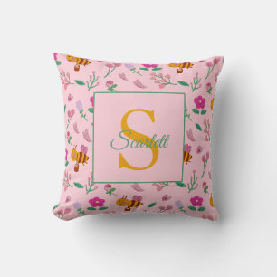 Chic Pink Bee and Floral Design Name & Monogram Kissen