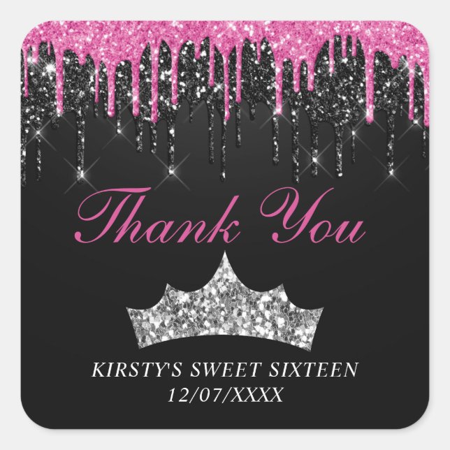 Chic Pink Black Dripping Glitzer Tiara Sweet 16 Quadratischer Aufkleber (Vorderseite)
