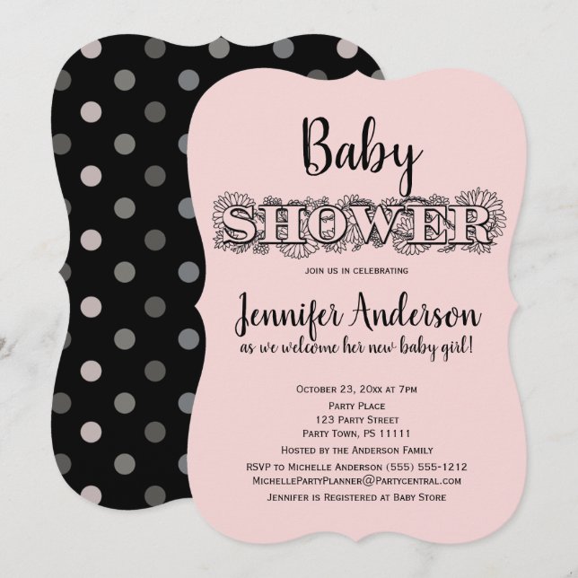 Chic Pink Black Floral Polka Dot Baby Dusche Einladung (Vorne/Hinten)