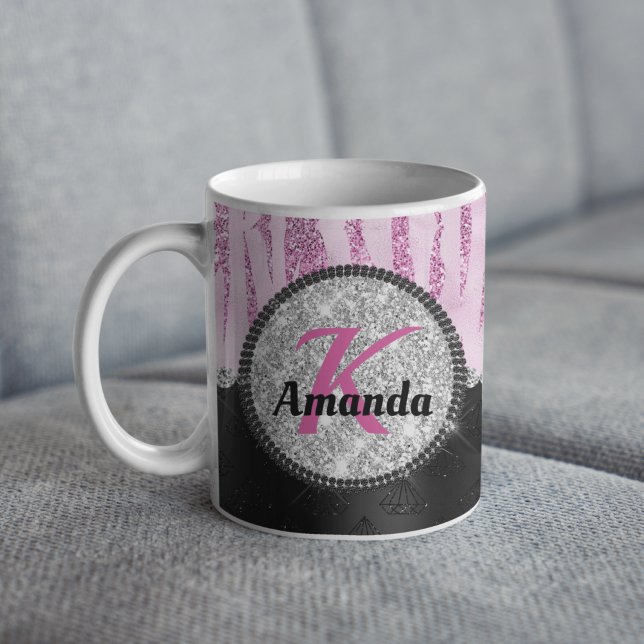 Chic pink Black Imitats Glitzer Tierprägung Monogr Kaffeetasse (Von Creator hochgeladen)