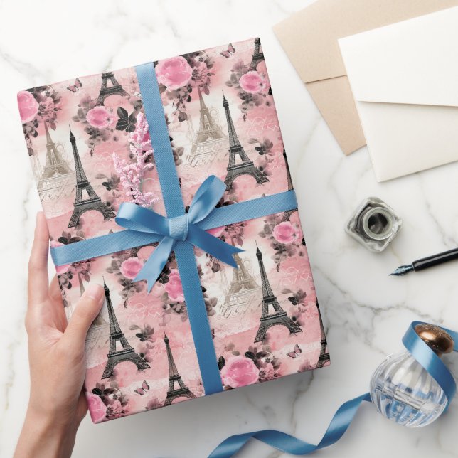 Chic Pink Black & White Eiffel Tower Paris Französ Geschenkpapier (Schenken)