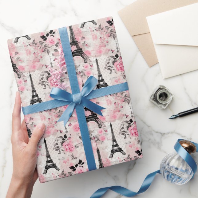 Chic Pink Black & White Eiffel Tower Paris Französ Geschenkpapier (Schenken)