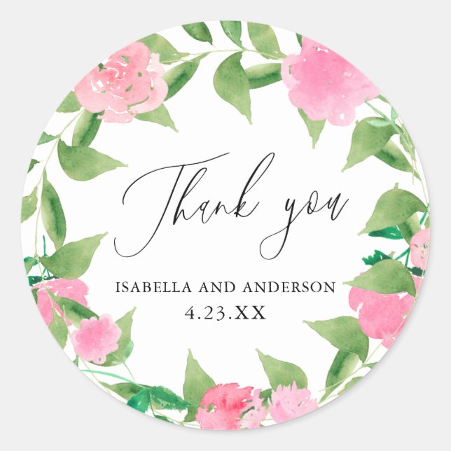 Chic Pink Blooms and Greenerity Wedding Vielen Dan Runder Aufkleber (Vorderseite)