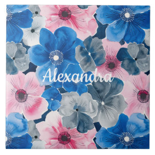 Chic Pink Blue Floral Fliese