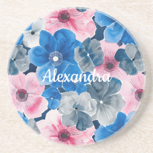 Chic Pink Blue Floral Getränkeuntersetzer