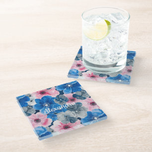 Chic Pink Blue Floral Glasuntersetzer