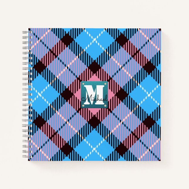 Chic Pink Blue Kariert Tartan Leder Monogramm Name Notizbuch (Vorderseite)