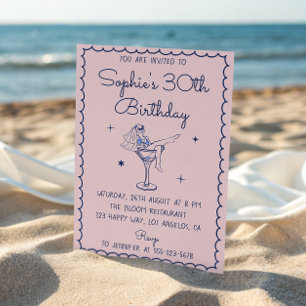 Chic Pink & Blue Martini-Glas 30. Geburtstag Einladung