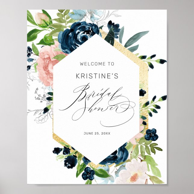 Chic Pink Blue Rose Floral Brautparty Empfang Poster (Vorne)