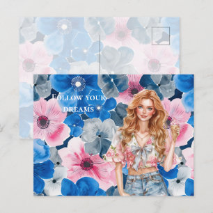 Chic Pink Blue Summer Floral Red Hair Girl Postkarte
