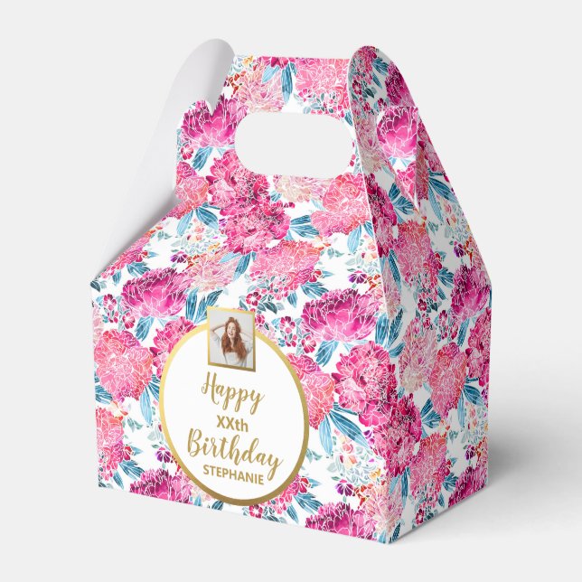 Chic Pink Blume, Custom Foto, Happy Birthday Geschenkschachtel (Vorderseite)
