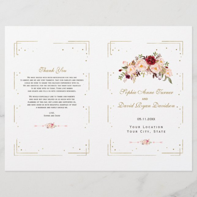 Chic Pink Blush Blume Gold Frame Hochzeitsprogramm (Vorderseite)