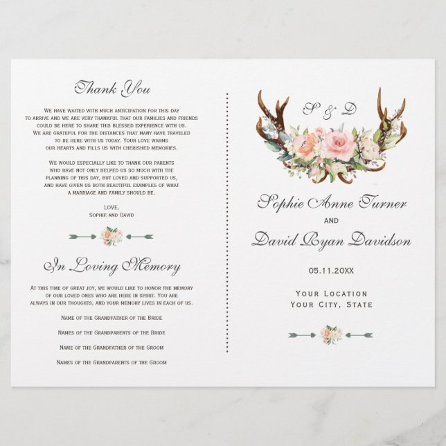 Chic Pink Blush Floral Antlers Wedding Programm (Vorderseite)