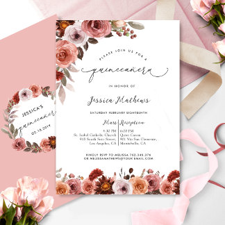 Chic Pink, Blush und Burgund Blumenquinceñera Einladung