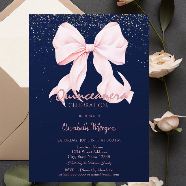 Chic Pink Bow Confetti Navy Blue Quinceañera   Einladung (Von Creator hochgeladen)