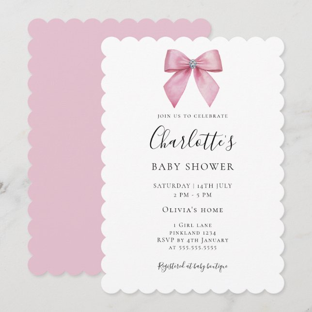 Chic Pink Bow Girl Baby Shower Invitation (Devant / Derrière)