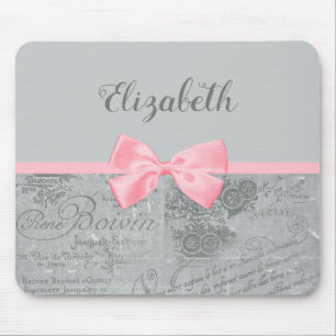 Chic Pink Bow Girly Parisian Ephemere und Name Mousepad