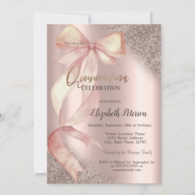 Chic Pink Bow Glitter Rose Gold  Quinceañera Einladung (Vorderseite)