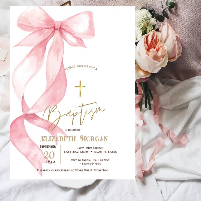 Chic Pink Bow Gold Cross Baptism Einladung (Von Creator hochgeladen)