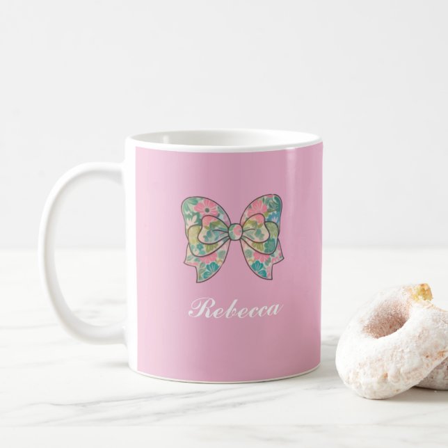 Chic Pink Bow Personalized Name Two-Tone Mug  (Avec donut)