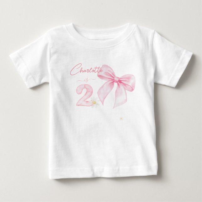 Chic Pink Bow Ribbon 2 Two 2nd Birthday Baby T-shirt (Vorderseite)