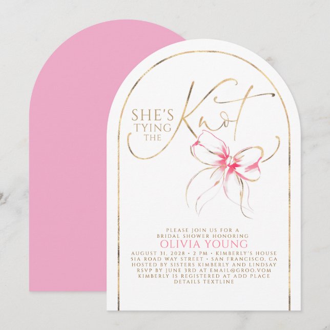Chic Pink Bow She's Tying The Knot Bridal Shower Einladung (Vorne/Hinten)