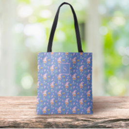 Chic Pink Bunny Floral Pattern Blue Monogram Tasche