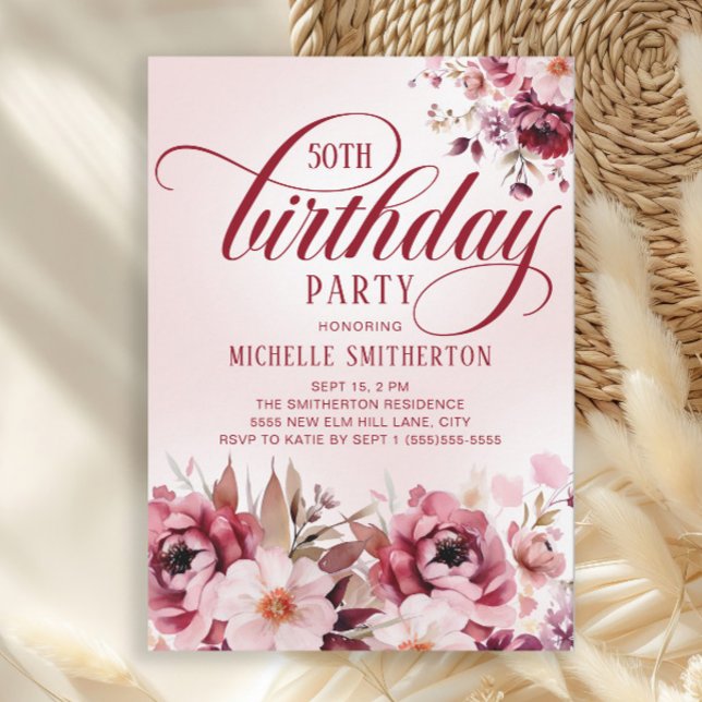 Chic Pink Burgundy Floral Glam 50th Birthday Einladung (Burgundy and pink watercolor floral 50th birthday party invitation)
