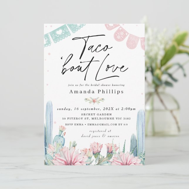 Chic Pink Cactus Taco Bout Liebe Brautparty Einladung (Stehend Vorderseite)