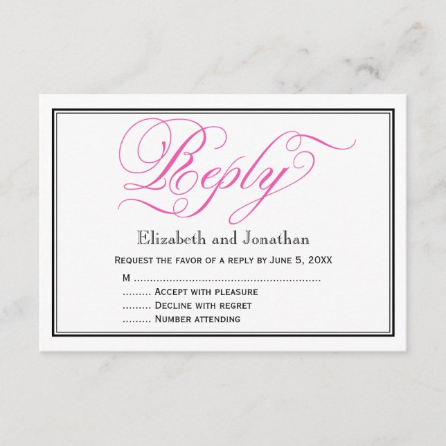 Chic Pink Calligraphy Script Wedding Reply Card RSVP Karte (Vorderseite)