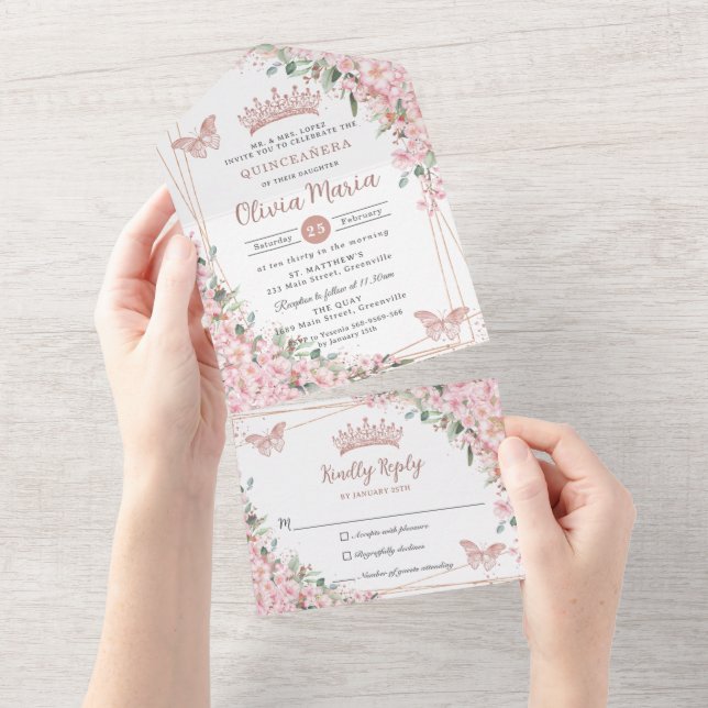 Chic Pink Cheroms Rose Gold Quinceñera All In One Einladung (Abreißen)