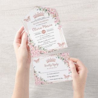 Chic Pink Cheroms Rose Gold Quinceñera All In One Einladung