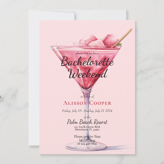 Chic Pink Cocktails | Bachelorette Weekend Einladung (Vorderseite)