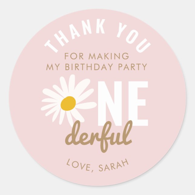 Chic Pink Daisy Blume ONEderful Birthday Gefallen Runder Aufkleber (Vorderseite)