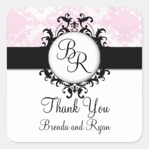 Chic Pink Damask Anfänglich danke Ihnen Hochzeitst Quadratischer Aufkleber