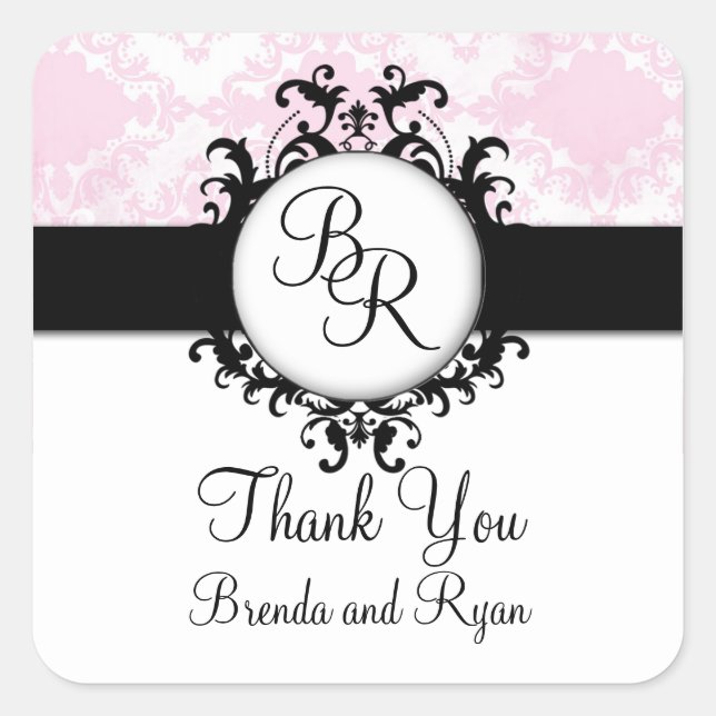 Chic Pink Damask Anfänglich danke Ihnen Hochzeitst Quadratischer Aufkleber (Vorderseite)