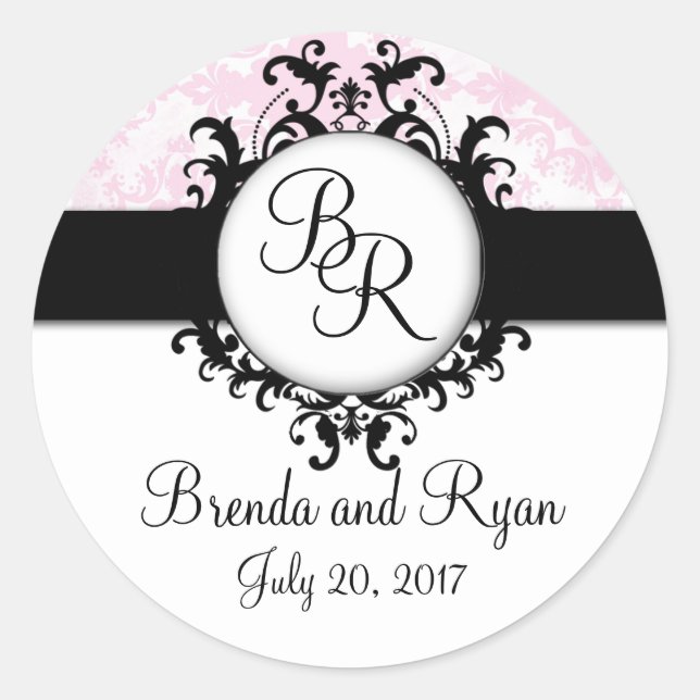 Chic Pink Damask Initial Wedding Sticker (Vorderseite)