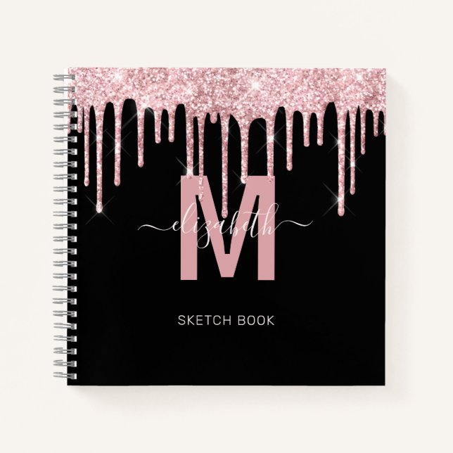 Chic Pink Dripping Glitzer Monogram Sketch Notizbuch (Vorderseite)