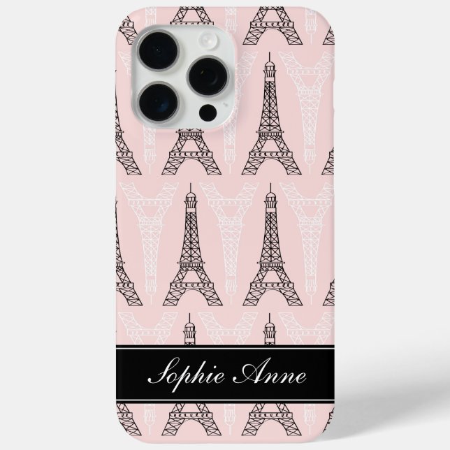 Chic Pink Eiffel Tower Pattern iPhone 15 Pro Max Hülle (Rückseite)