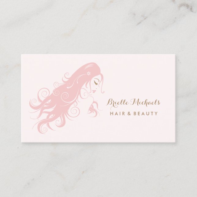 Chic Pink Fairstylist Frau mit langblühendem Haar Visitenkarte (Vorderseite)
