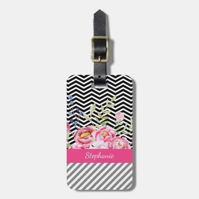 Chic Pink Floral Black and White Chevrons und Name Gepäckanhänger (Vorderseite vertikal)