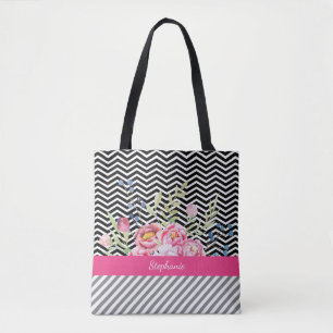 Chic Pink Floral Black and White Chevrons und Name Tasche