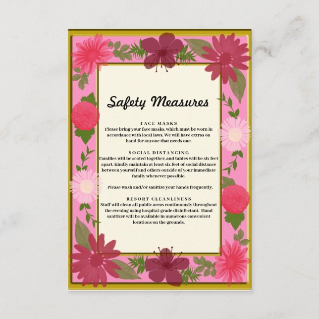 Chic Pink Floral Botanische Sicherheitsmaßnahmen Begleitkarte (Vorderseite)