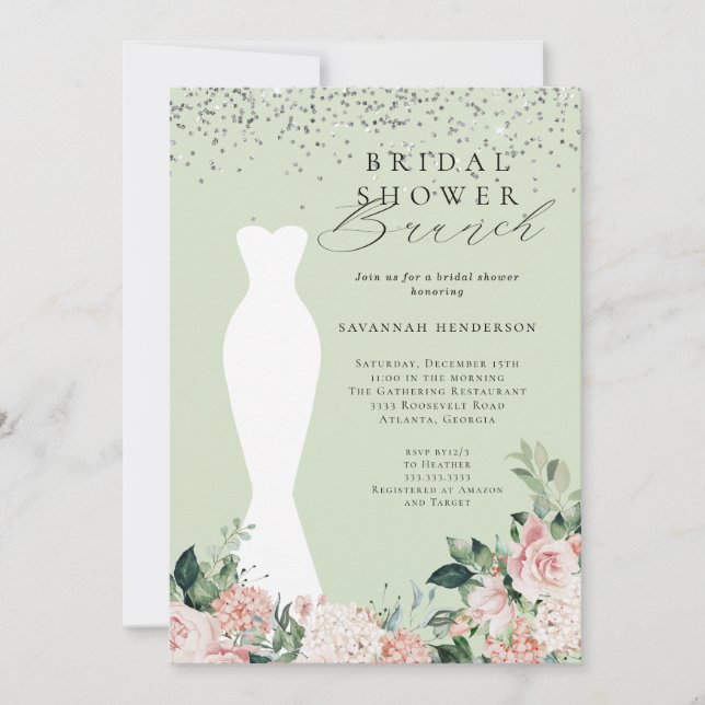 Chic Pink Floral Bridal Dress Brautparty Brunch Einladung (Vorderseite)