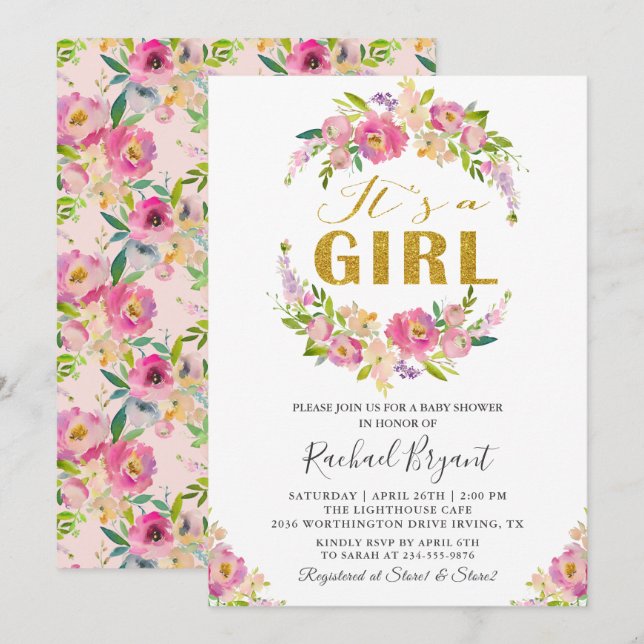 Chic Pink Floral Es ist eine Girl Baby Dusche Einladung (Vorne/Hinten)