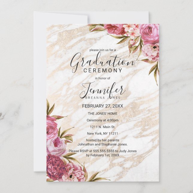 Chic Pink Floral Gold Marmor Abschluss Zeremonie Einladung (Vorderseite)