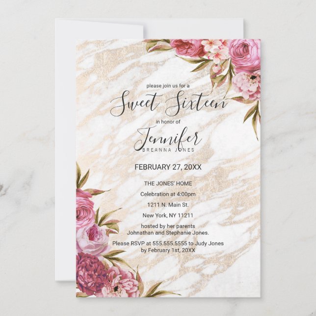 Chic Pink Floral Gold Marmor Süß 16 Einladung (Vorderseite)
