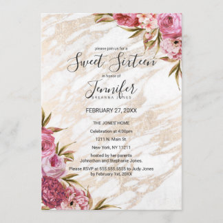 Chic Pink Floral Gold Marmor Süß 16 Einladung